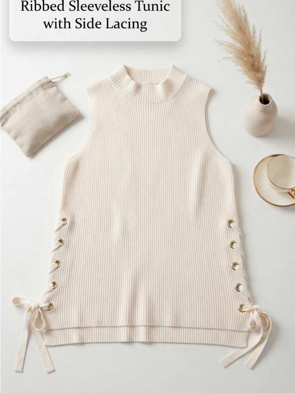 Michael Kors Cream Ribbed Sleeveless Tunic with Side Lace-Up